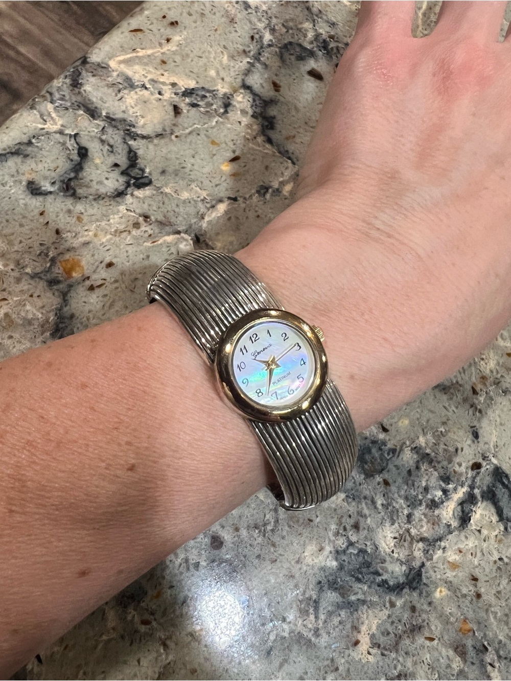 Vintage Women's Silver-Tone Bracelet Watch with Mother-of-Pearl Dial